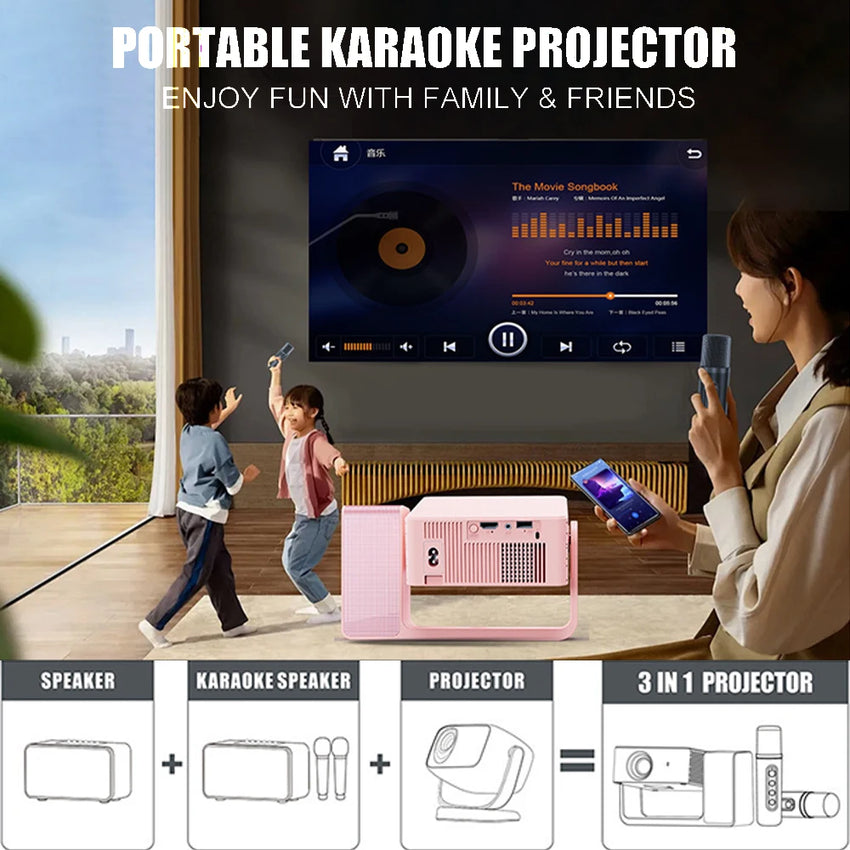DAMI3C HT30 Portable Singing Projector | Mini Android Projector with Dual Microphones | 4K Support, WiFi, Bluetooth | Home & Outdoor Theater + Family KTV
